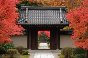 Traditional Japanese garden gate surrounded by vibrant autumn foliage.