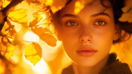 Fototapeta premium Autumn Glow Woman Framed by Golden Leaves