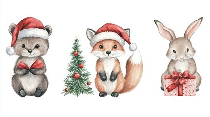 Cute watercolor animals with Christmas attributes. AI generated illustration.