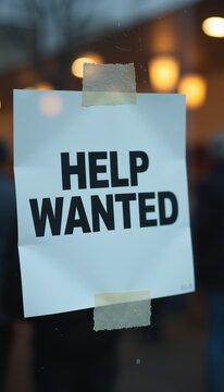 A 'Help Wanted' sign is taped to a window, indicating a job opportunity with blurred lights in the background.