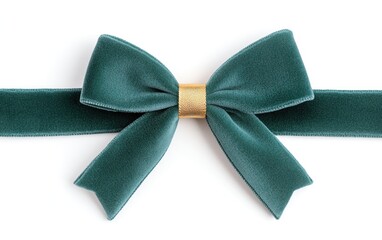 Elegant green velvet bow with gold accent on white background for gift wrapping or decoration.