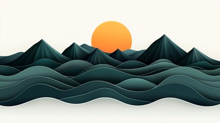 A stylized illustration featuring dark mountains and waves under a vibrant sunset against a minimalist background.