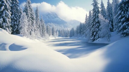 Obraz premium Serene Winter Wonderland SnowCovered Pines Frozen Lake