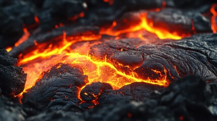 Nature\'s fiery dance: Lava flows shimmer with vibrant orange hues under a dark volcanic crust in a breathtaking landscape