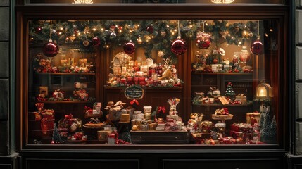 Shop window decorated with Christmas attributes. AI generated illustration.