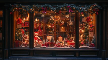 Fototapeta premium Shop window decorated with Christmas attributes. AI generated illustration.