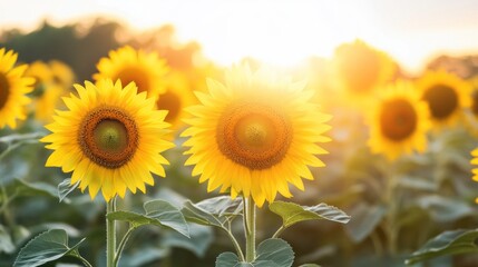 Obraz premium Golden Hour Sunflower Field Vibrant Yellow Blooms Against Blue Sky