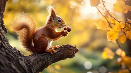 Obraz premium Squirrel with Acorn on Tree Branch Nature Photography