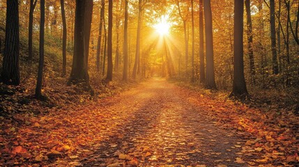 Obraz premium Golden Autumn Path Sunlight Through Fallen Leaves