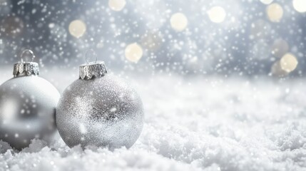 Silver Christmas ornaments on snowy background. AI generated illustration.