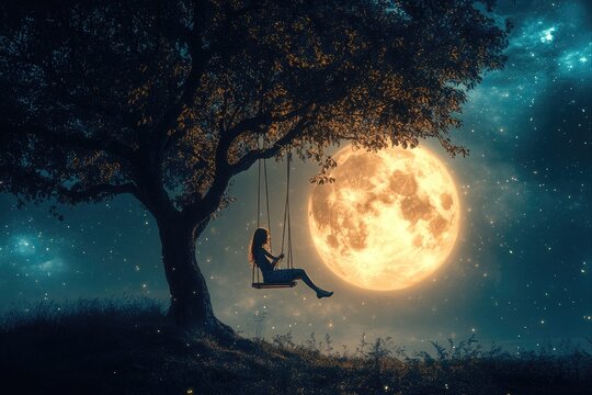 Young girl on a swing is admiring the milky way and the full moon