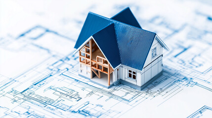 Architectural blueprint with modular home design, showing construction phases, smart home integration