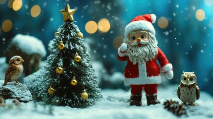 Obraz premium Small Santa enrichment with owl figure and Christmas tree on obscured foundation. AI generated illustration.