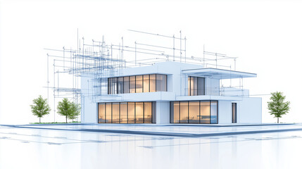 Modular home design blueprint, digital overlay, contemporary style, eco-friendly materials