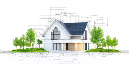 Modular home design blueprint, digital overlay, contemporary style, eco-friendly materials