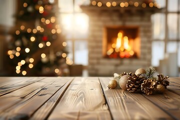 A cozy winter scene featuring a beautifully lit fireplace and a decorated Christmas tree. Warm ambiance created by soft glowing lights and festive decor.