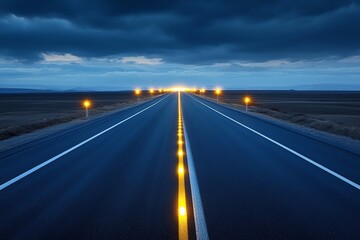 Fototapeta premium 1 A glowing highway stretching into the horizon, with distant lights guiding the way, symbolizing a roadmap to success driven by passion and dedication