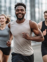 A group of happy athletic people are running. Men and women doing sports jogging. Runners at the local stadium in the city.