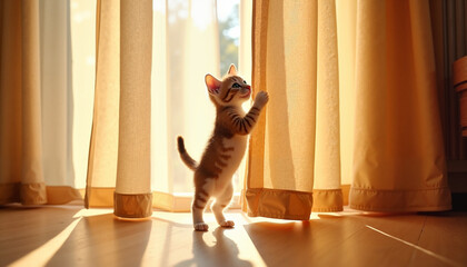 Kitten Climbing White Curtains