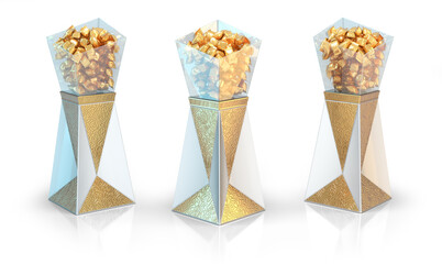 Transparent showcase display with gold wrapped candy on a pedestal with geometric design and gold pattern. 3d illustration set on white background