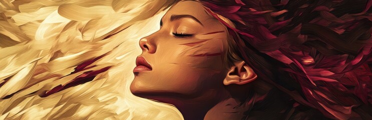 Surreal Portrait of a Woman Harmonizing Chaos and Serenity with Golden and Crimson Brushstrokes