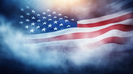 A striking close-up of an American flag serves as a powerful background, featuring a blue and white color gradient enhanced by sunlight and wisps of smoke. This image captures the essence of the USA n