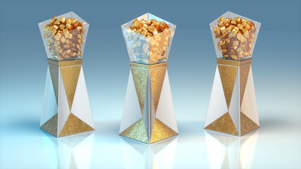 Transparent showcase display with gold wrapped candy on a pedestal with geometric design and gold pattern. 3d illustration set on blue background