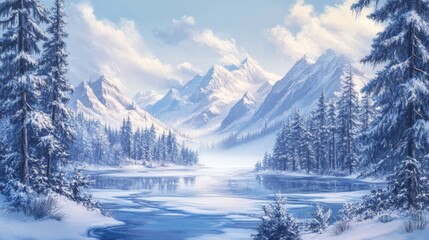 Obraz premium Serene Winter Wonderland Snowy Mountain Frozen Lake and Majestic Pines