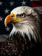 Obraz premium Close-up Portrait of a Bald Eagle with an American Flag in the Background