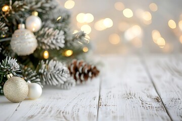 Festive Ornaments and Pine Cones on Wooden Surface