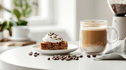   A white plate with a slice of cake sits beside a cup of coffee on a white table