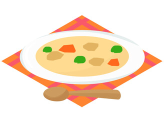 シチューとお皿とテーブルクロス。冬の料理。ベクターイラスト