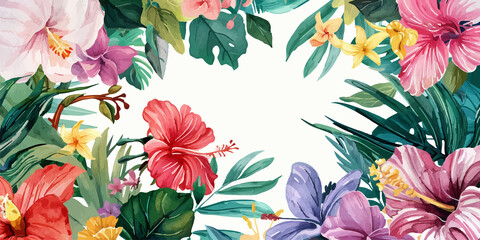 A colorful, vibrant tropical floral border with a variety of flowers and leaves, perfect for creative designs, invitations, or backgrounds. Features hibiscus, lilies, and lush greenery for a summery f