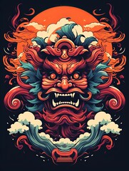 Fierce Red Oni Demon with Open Mouth and Teal Hair in Front of an Orange Sun and Waves