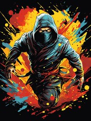 A Masked Ninja Figure Standing in a Splash of Colors