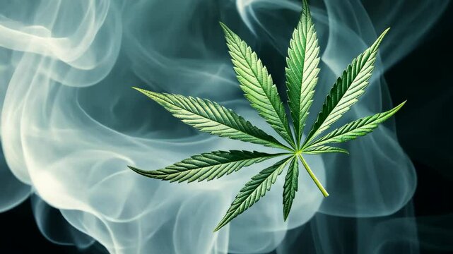 A marijuana leaf sits in front of a cloud of smoke