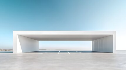 1. A spacious 3D rendering of a white minimal architecture building set against a clear blue sky, featuring an empty concrete floor car park, creating an ideal mockup scene with ample copy space