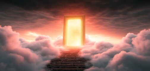 A mystical doorway glowing with light appears in a cloud-filled sky, symbolizing hope, transition, and the journey to the beyond.