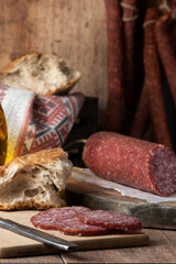 Salami nutrition background, meat production, food industry
