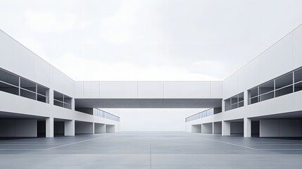 Obraz premium 4. A contemporary 3D view of a white minimal architecture building against a light grey sky, featuring an expansive empty car park, ideal for showcasing various products in a clean, uncluttered