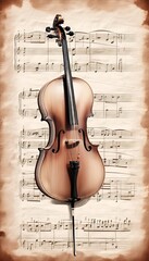 Fototapeta premium Vertical illustration of classic violin and bow. illustration for music event promotions, album covers, posters. International Cello Day, Artistic representation of music and instruments concept