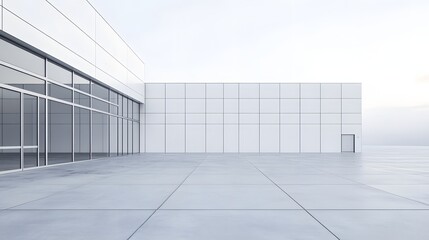 4. A contemporary 3D view of a white minimal architecture building against a light grey sky, featuring an expansive empty car park, ideal for showcasing various products in a clean, uncluttered
