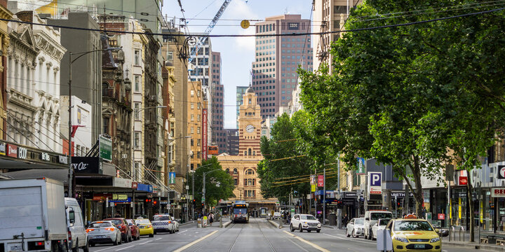 MELBOURNE, VICTORIA, AUSTRALIA - December 21, 2018: Elizabeth Street Looking South Toward Flinders Street station.