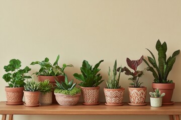 Obraz premium A beautiful arrangement of diverse potted plants on a stylish wooden table in a serene indoor setting
