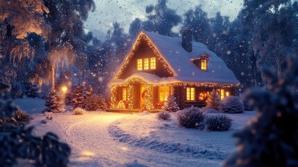 Winter Wonderland Cute House with Holiday Lights -- AI generated illustration.
