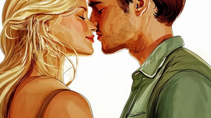 A man and a woman are about to kiss in this illustrated drawing