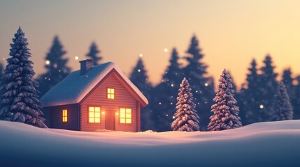 Winter Wonderland Cute House with Holiday Lights -- AI generated illustration.