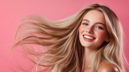 Fototapeta premium 3. A vibrant portrait of a young woman with flowing blonde hair and a bright smile, against a gentle pastel backdrop, perfect for a hair care products banner template, offering plenty of copy space