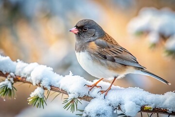 Fototapeta premium Beautiful Junco Bird Perched on Branch in Winter Scene Surrounded by Snowy Landscape and Nature