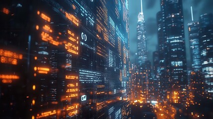 Fototapeta premium Futuristic cityscape with glowing skyscrapers and digital neon lights, capturing a high-tech urban environment at night.